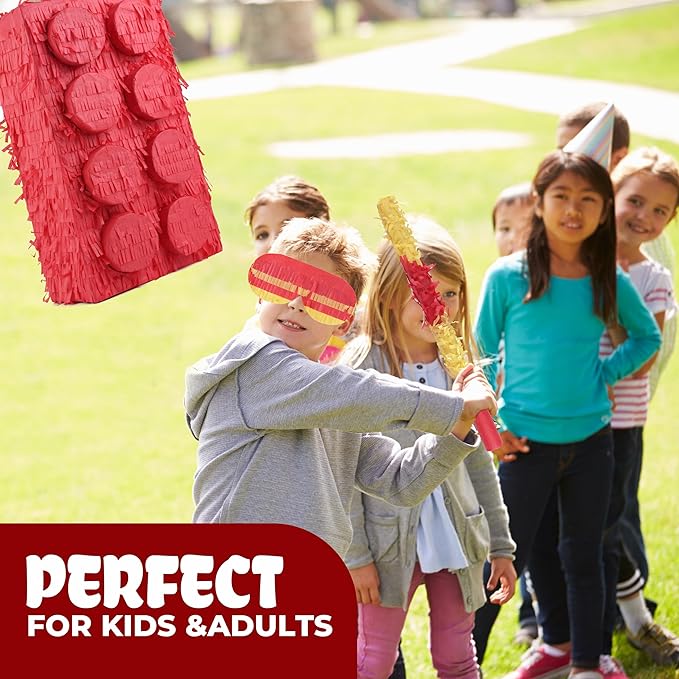 Block Pinata Bundle with a Blindfold and Bat(17 x 11 x 4 Inches), Perfect for Birthday Party Supplies, Building Blocks Theme Birthday, Decoration