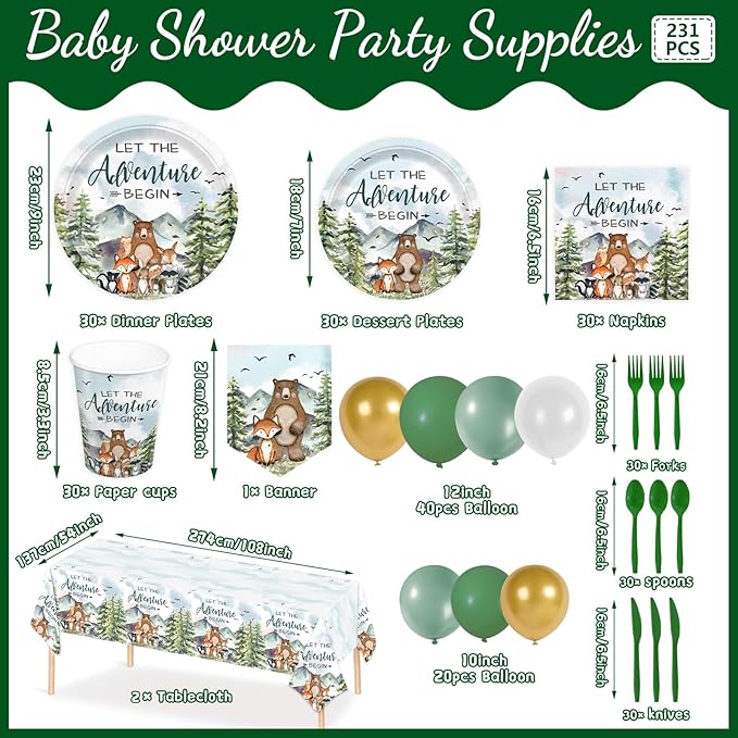 231pcs Let The Adventure Begin Party Supplies Baby Shower Plates Napkins Adventure Tableware Set Disposable Cups Forks Tablecloth Banner and Balloons for Baby Shower Party Decorations Serve 24