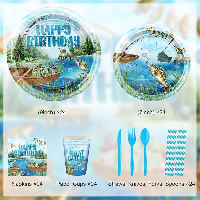 Avezano 192 pcs Fishing Birthday Decorations Fishing Birthday Party Disposable Plates and Napkins Set Fisherman Party Paper Tableware Supplies Serve 24