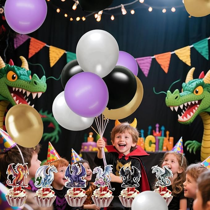 Dragon Birthday Party Decorations - Dragon Party Supplies Include Happy Birthday Banner Balloons Cupcake Topper and Hanging Swirls for Dragon's Theme Birthday Decorations