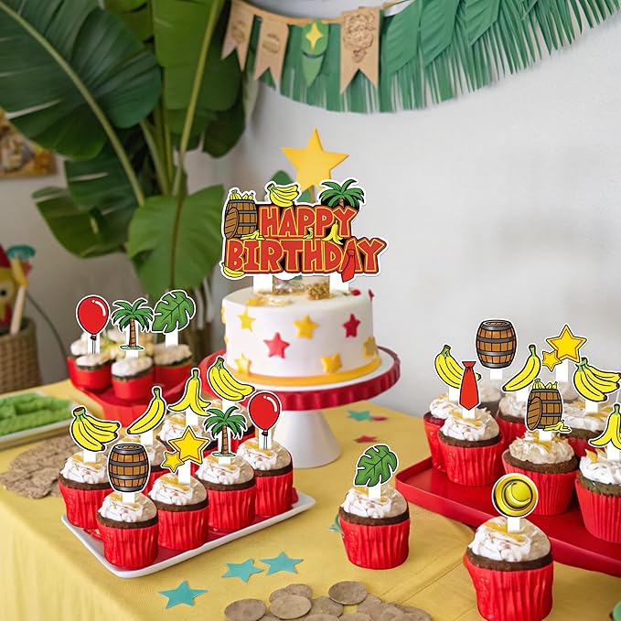 HOMEZZO Jungle Theme Cupcake Toppers Set, 25 PCS Tropical Banana Barrel Picks for Safari Baby Shower Kids Birthday Party Supplies