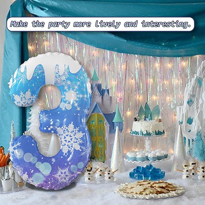 40 Inch Frozen Balloon Number 3 Birthday Balloons Decorations for Girls Birthday Snowflake Themed Party Supplies Winter Party Decorations (Blue Snowflake, number 3)