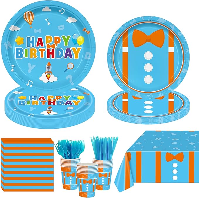 145PCS Cartoon Teacher Party Supplies English Teacher Themed Happy Birthday Party Decorations for Kids Chlid Includ Orange Blue Paper Plates Napkins Cups Tableware Set with Tablecloth Serve 24 Guests