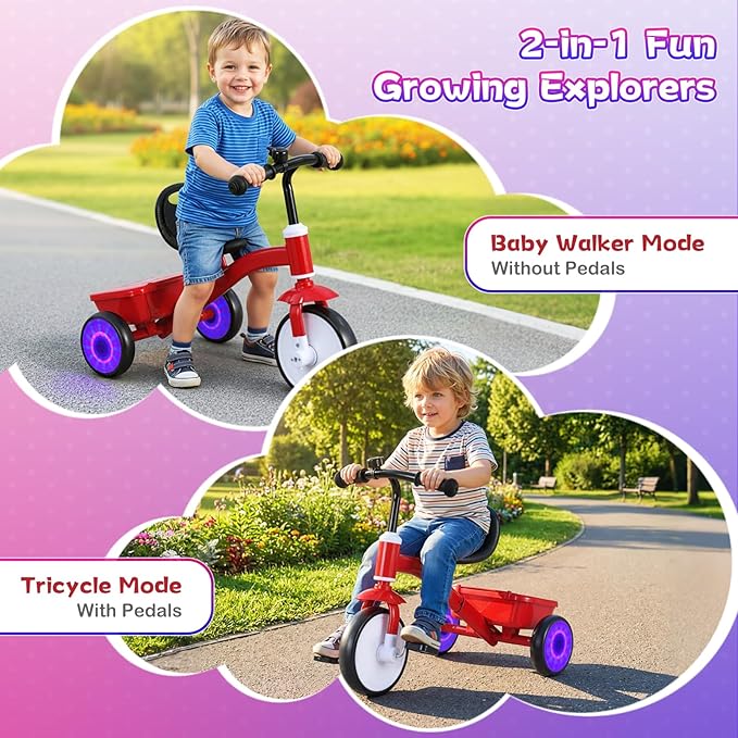BABY JOY Toddler Tricycle, Kids Trike with Glowing Rear Wheels, Adjustable Seat, Detachable Pedals & Storage Box for Boys and Girls Indoor Outdoor Riding, Baby Balance Bike for 3-5 Years Old (Red)
