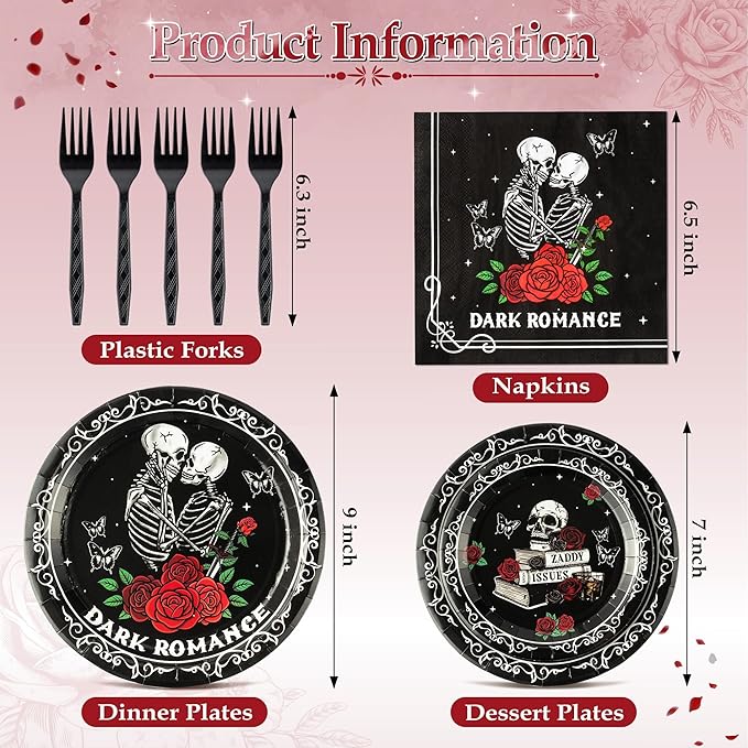 96Pcs Dark Romance Book Lover Skull Rose Black Gothic Party Plates Supplies Tableware Decorations Disposable Paper Plates Napkins Forks for Birthday, Serves 24