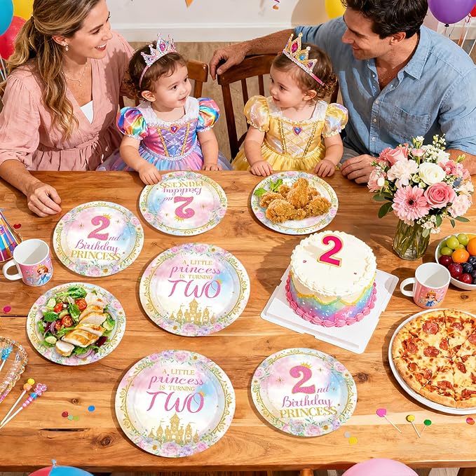96Pcs Princess 2nd Birthday Party Decorations for Girls A Little Princess Is Turning Two Plates and Napkins Sets Pink Castle Once Upon a Time Decoration for Two Year Old Bday Party Supplies Serves 24