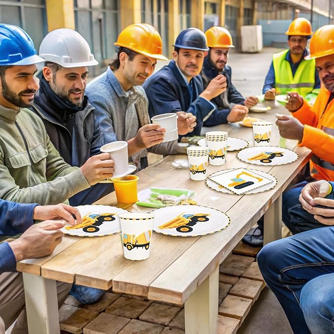 Whaline 96Pcs Construction Party Tableware Dump Truck Paper Plate Napkin Cup Yellow Black Disposable Dinnerware Set for 24 Guests Birthday Party Table Decor