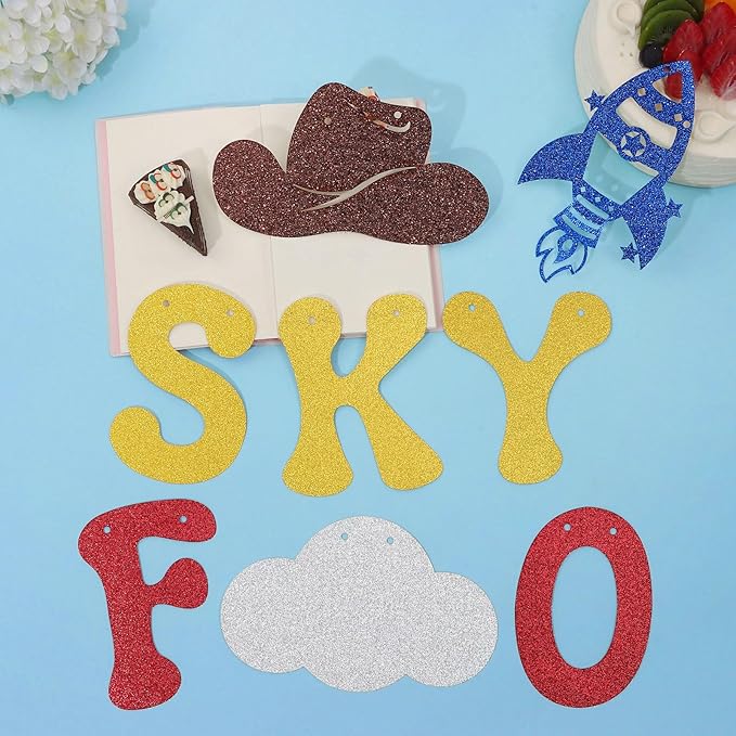 Glitter Reach Four The Sky Banner Cartoon Story 4th Birthday Party Decorations Toy Inspired Game Kids 4th Birthday Banner Party Supplies for Boy