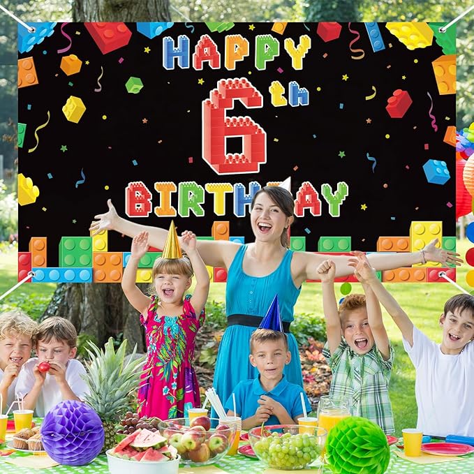 Panelee Building Block Birthday Banner Building Blocks Party Backdrop Decoration Happy Birthday Banner Photography Background for Party, 72.8 x 43.3 Inch(Black,6th)