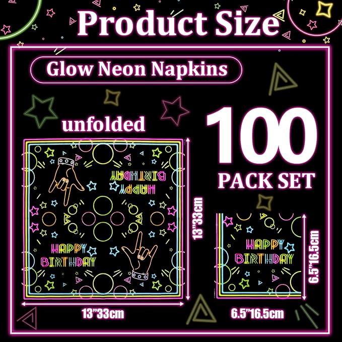100Pcs Neon Napkins, 13 x 13 Inches Glow in The Dark Paper Napkins, Black Light Glow Party Supplies Tissue Paper for Lets Glow Crazy Party Neon Fluorescent Birthday Party Decorations