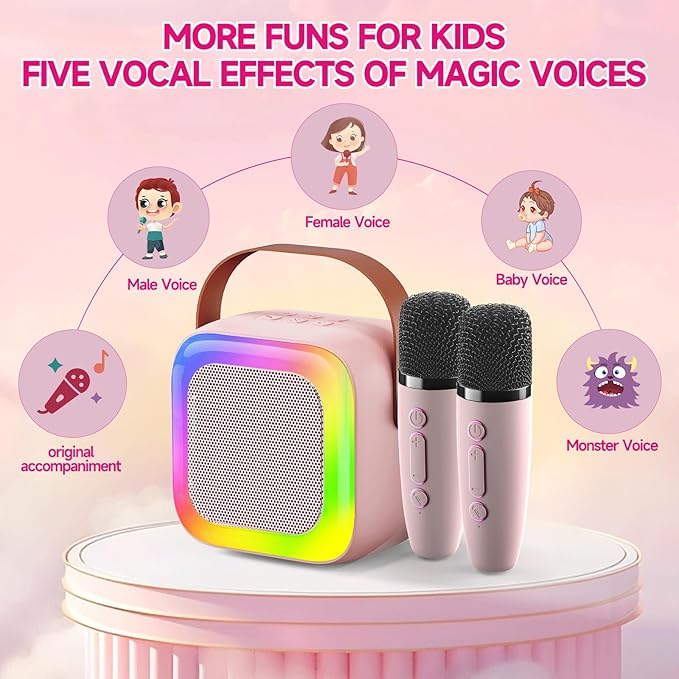 Mini Karaoke Machine for Kids Teen Adults, Kids Karaoke Machine with 2 Wireless Microphones and LED Lights Toys for Party, Home, Gifts for 4 5 6 7 8 9 10 11 12+ Years Girls Boys(Pink)