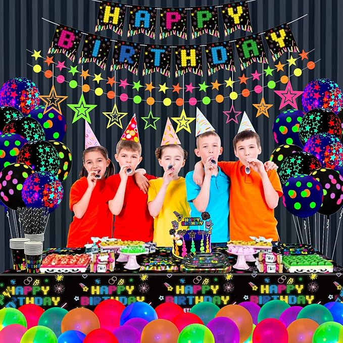 241 PCS Glow Neon Party Supplies Neon Glow Tableware Set Neon Balloon Glow in the Dark Birthday Banner Hanging Star Cake Toppers for Blacklight Party Decoration Serves 20 (Glow Set A)