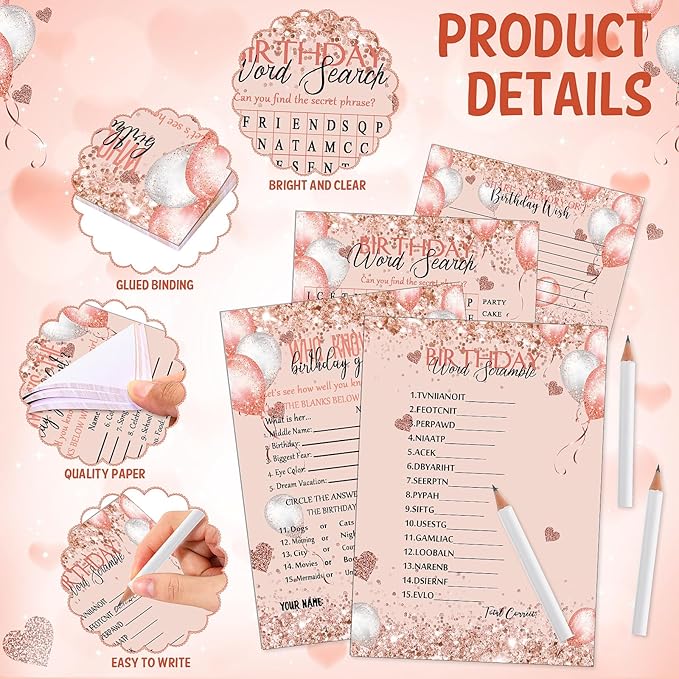 Fumete 100 Pcs Who Knows The Birthday Girl Best Cards with 20 Pre Pointed Pencils Set for 20 Guests, Girls Birthday Night Game Ideas, Girls Her Sleepover Party Supplies, 4 Activities(Balloon)
