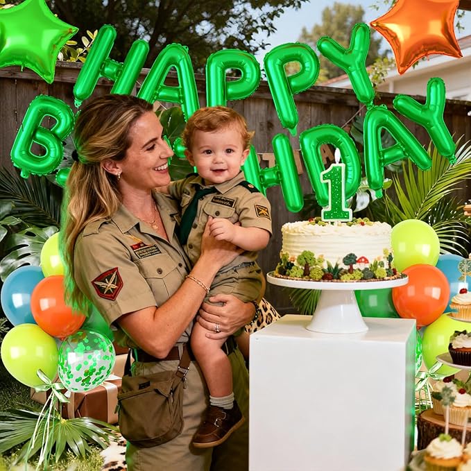 29PC Green Orange Happy Birthday Balloons Banner, 16Inch 3D Aluminum Letter Banner Sign, Green Orange Balloon 18 Inch Star Foil Balloon for Women, Men Party Supply