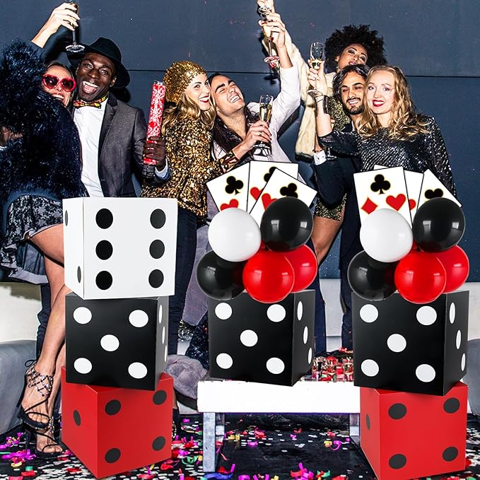 CHUNNIN 60 Pcs Casino Theme Party Decoration Casino Party Boxes Balloon Poker Cards 11 Inch Large Dice Favor Boxes 6 Pcs Jumbo Playing Cards for Dice Game Night Table Centerpieces Birthday Supplies