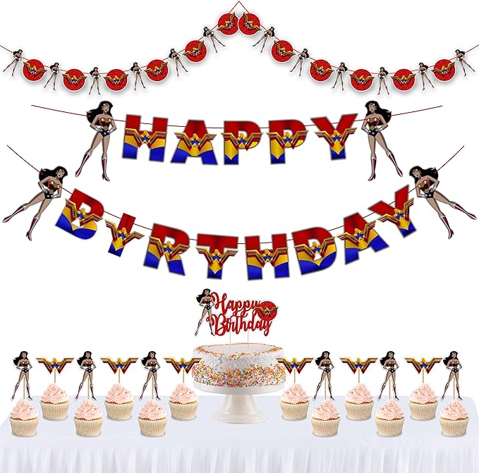 "Wondr Woman Theme Birthday Party Supplies – Superhero Girl Party Decorations for Adults – Wondr Woman Birthday Banner, Cake Topper, Cupcake Toppers & Party Décor for Superhero Celebrations"