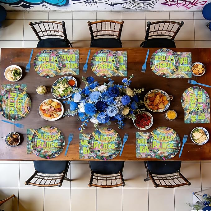 96Pcs Fresh Prince Baby Shower Party Decorations 90s Hip Hop Graffiti Plates and Napkins Disposable Vintage Themed Tableware Set for 90s Fresh Prince Boys Baby Shower Birthday Party Supplies Serves 24