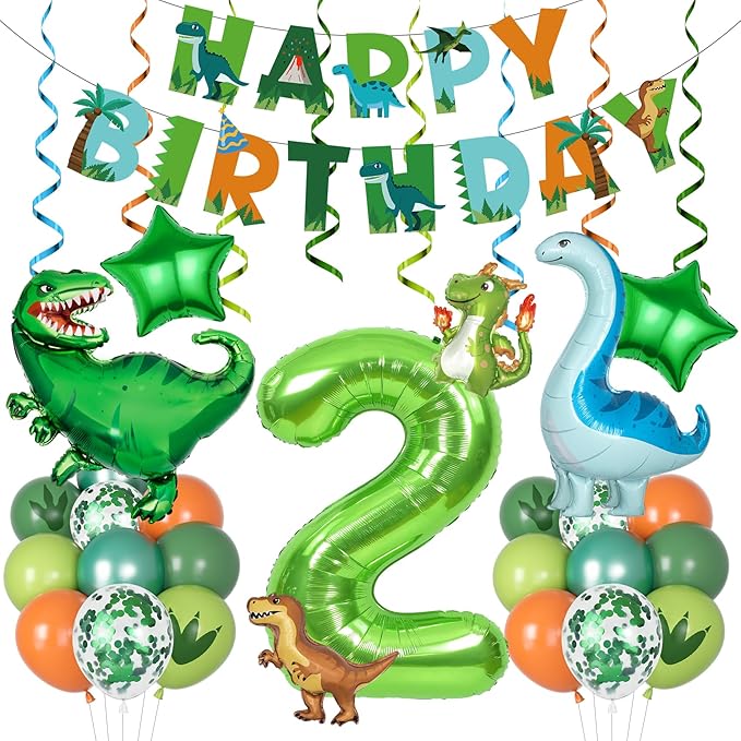 Amandir Dinosaur 2nd Birthday Party Decorations for Boys Girls, Foil Green Star Number 2 Dinosaur Balloons with Happy Birthday Banner Hanging Swirls for Dino Baby Shower Party Supplies