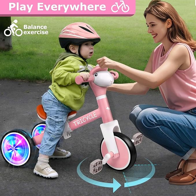 Toddler Balance Bike for Boys Girls, Tricycle for Toddlers 1-5 Year Olds, Toddler Tricycle with Light & Music Front, Kids Bicycle with Removable Pedal, Birthday Gifts for Kids (Flash Wheel Pink)