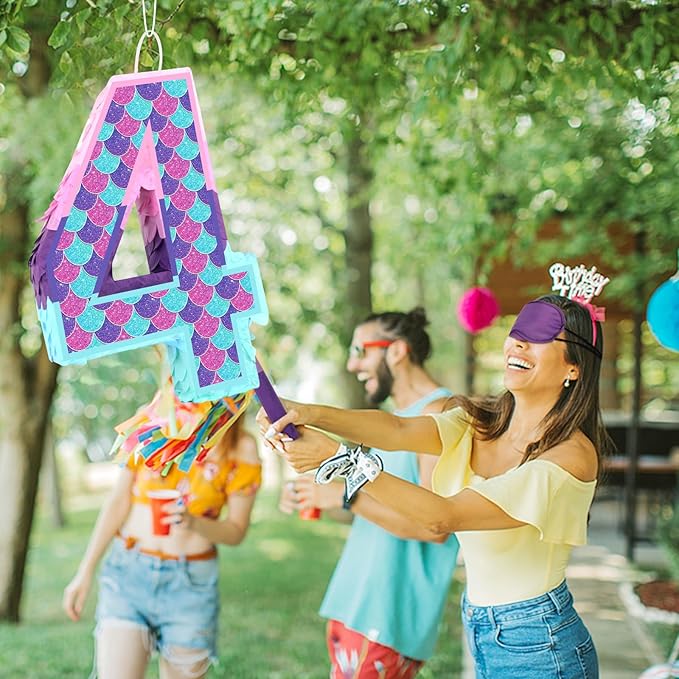 Mermaid Number 4 Pinata with Stick Blindfold for Girl 4th Birthday Party Decoration Colorful Paper Flaver Anniversary Celebration for Children's Ocean Mermaid Theme Carnival Event Decoration