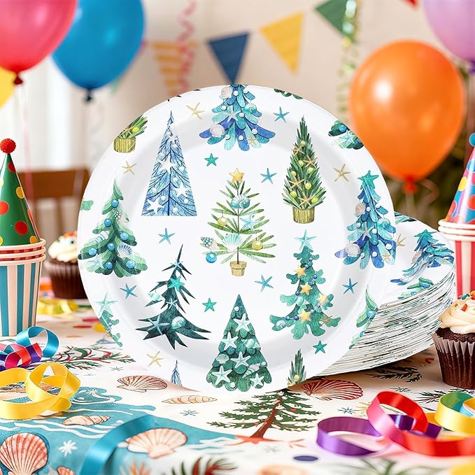 50Pcs Coastal Winter Paper Plates Seashell Beach Christmas Tree Plates 10" Large Heavy Duty Dessert Platters Blue Coastal Xmas Decorations for Ocean Merry Christmas Xmas Holiday Party Supplies