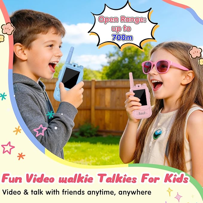 Video Walkie Talkies for Kids 2 PCS, Long Range Kids Walkie Talkies, Rechargeable Video Call Toys for Indoor Camping Hiking Travel, Christmas Birthday Boys Girls Age 3-5 (Blue/Pink)