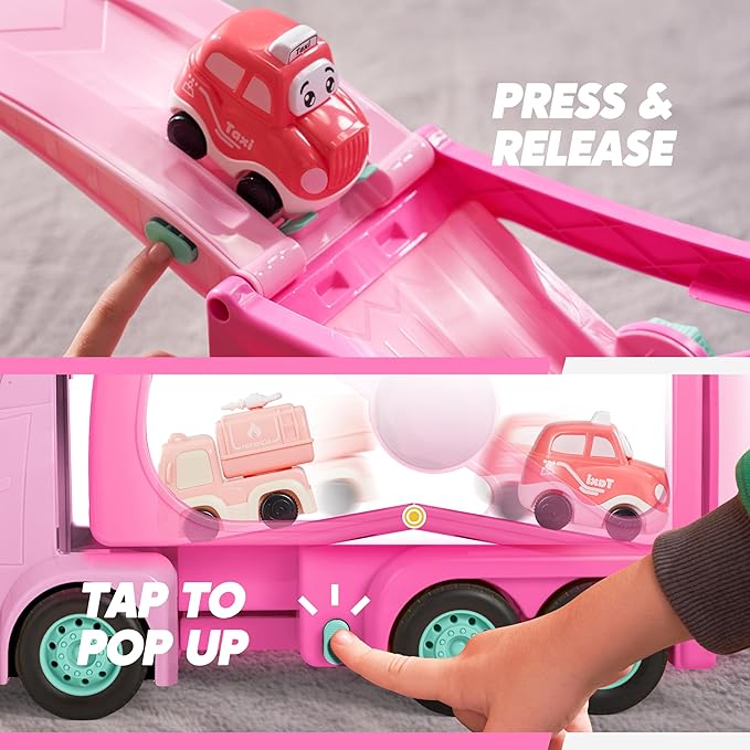 JOVA Extra Large Toy Trucks for Toddlers, 3-Layer Princess Pink Trucks for Girls, 7-in-1 Big Carrier Truck with Siren & Lights and 6 Toy Cars, Birthday Gifts for Girls