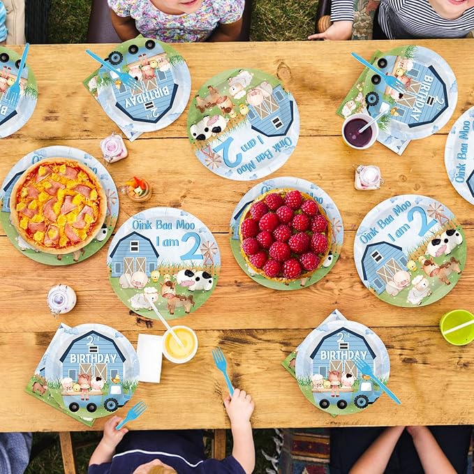 96Pcs Oink Baa Moo Im Two Party Supplies Farm Animal 2nd Birthday Plates and Napkins Farm House Animal Barnyard Theme Tableware Set for Boy Girl 2 Year Old Birthday Party Supplies，Serves 24