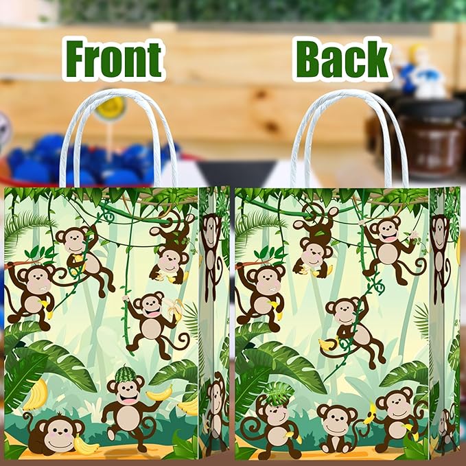 Tyndallrays 16 Pieces Monkey Goodie Bags for Birthday Party Supplies, Gift Snacks Treat Candy Favors for Kids Adults Jungle Theme Decorations