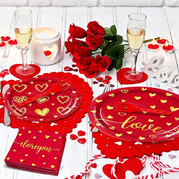 96 Pieces Valentine’s Day Love Tableware Set – Red and Gold Heart Disposable Plates, Napkins, and Forks for Romantic Dinners, Wedding, Anniversaries, and Valentine Celebrations – Serves 24 Guests