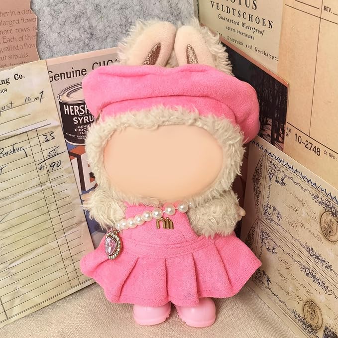 Clothes Compatible with LABUBU – Blue & White Tweed Dress with Bow, Bracelet & Shoes | 4PCS Couture-Inspired Outfit for 8-Inch Dolls (Rosy Macaron)