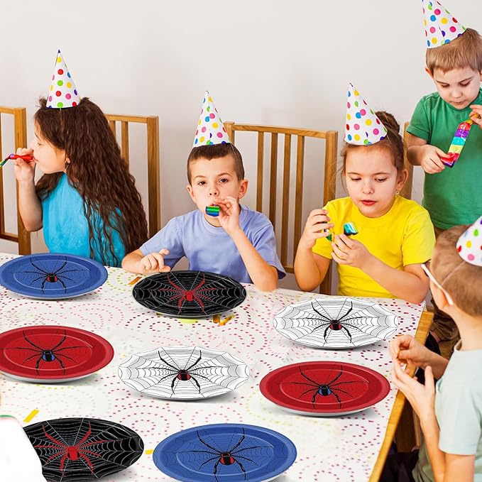 48PCS Spider Party Supplies 7" Super Theme Hero Birthday Parties Dessert Plates Spiderweb Themed Decorations Comic Heroes Tableware Set Cartoon Disposable Paper Plate for Spider Fans Kids Boys Favor