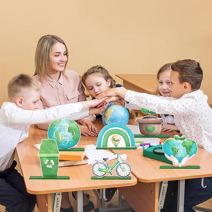 6Pcs Earth Day Wooden Centerpieces Decoration, Watercolor Environmental Protection Wood Tiered Tray Centerpieces, Green Table Topper Decor Happy Earth Day Supplies for Home Office Desk Shelf