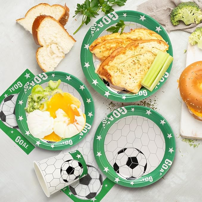 96pcs Soccer Plates - Green and White Soccer Party Theme Paper Plates and Napkins Cups for 24 Guests Disposable Kid's Birthday Soccer Party Supplies Decorations