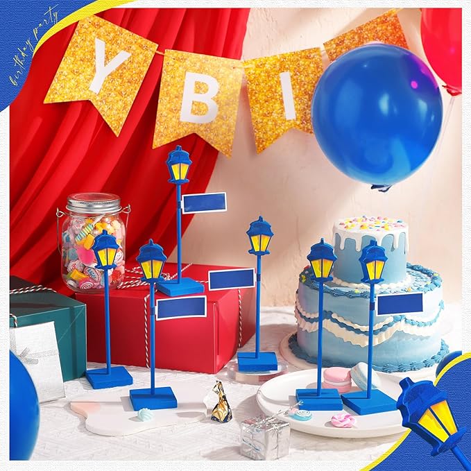 6 Pcs Street Sign Lamp Post Centerpiece Wooden Lamp Post with Street Party Sign Sticker for Toy Decor Friend Birthday Party Supplies Decoration(Blue)