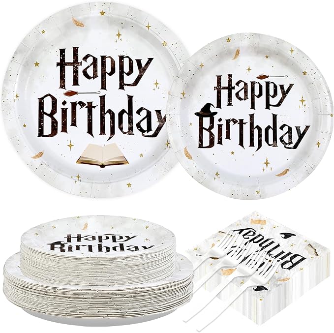 200 PCS Magical Wizard Party Supplies Happy Birthday Plates and Napkins Disposable Magic Theme Tableware Set for Kids Birthday Holiday Decorations, Serves 24
