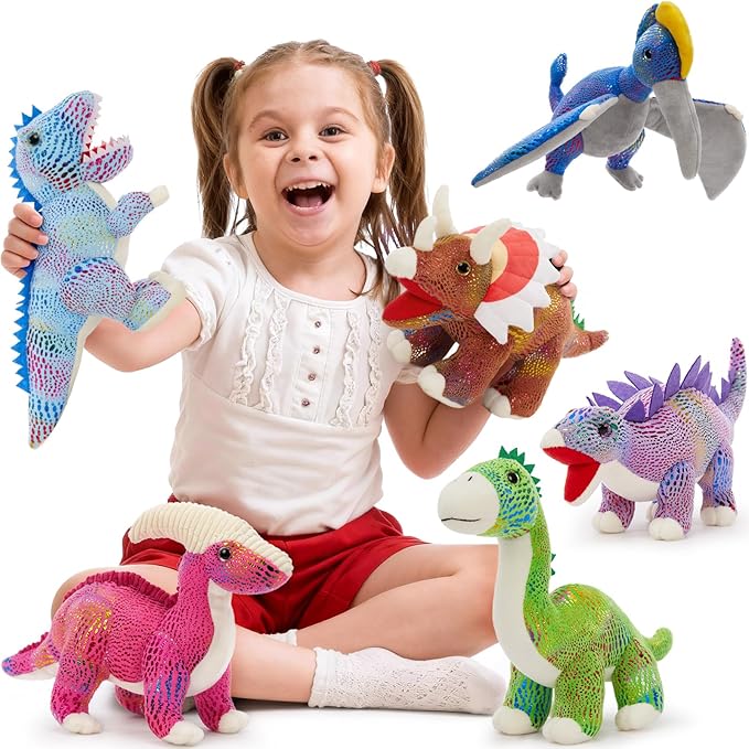 MaoGoLan 6Pcs Stuffed Animals Bulk Dinosaur Plushies with Sequin, 12'' Stuffed Dinosaur T-Rex Blue Velociraptor Toys Collectible Dino Squad for Kids Gifts Christmas Halloween Decorations