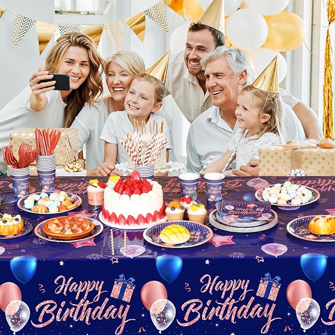 Norme 176 Pcs Navy Blue and Rose Gold Birthday Tableware Set Birthday Decoration Includes Tablecloth Paper Plates Napkins Paper Cups Forks Knifes and Straws for 25 Guests Party Supplies (Bright)