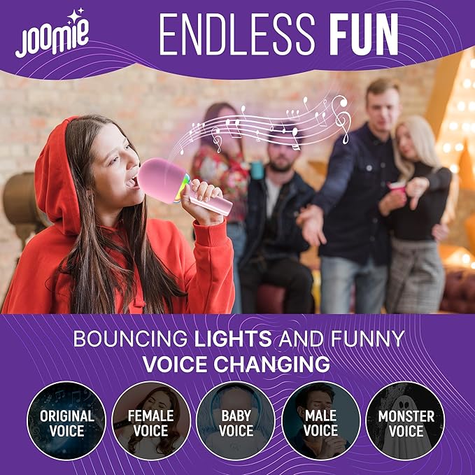 Joomie Pink Kids Microphone for Singing – 4 in 1 Bluetooth Karaoke Portable Microphone Wireless Mic with LED Disco Light, Speaker, Voice Changing, Echo Effect, Birthday Kids Toys Gift for Girls Boys