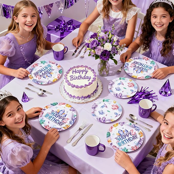 96Pcs Crystal Birthday Party Decorations Purple Gem Stone Diamond Plates and Napkins Tableware Sets Geology Crystal Theme Party Decorations for Women Girls Baby Shower Birthday Supplies Serves 24