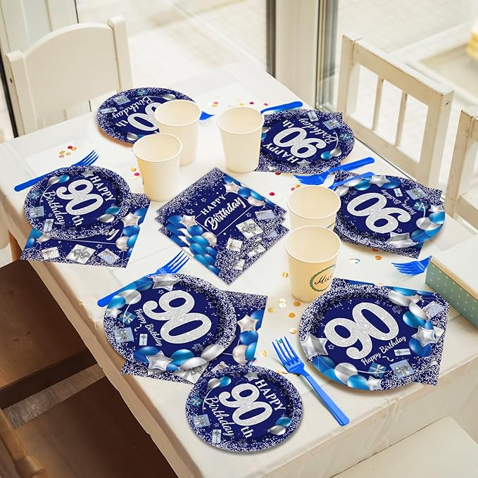 96 Pcs 90th Birthday Party Supplies Navy Blue and Silver Birthday Plates 90th Birthday Paper Tableware Happy Birthday Party Plates and Napkins Forks Blue Birthday Table Decorations for 24 Guests