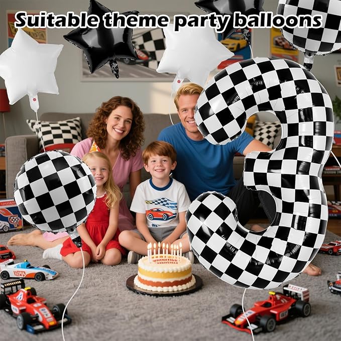 40 Inch Checkered Number Balloons 3 Black and White Foil Balloon for Girls & Boys Racing Car Theme Birthday Party Decorations, Party Supplies & Favors (Number 3)