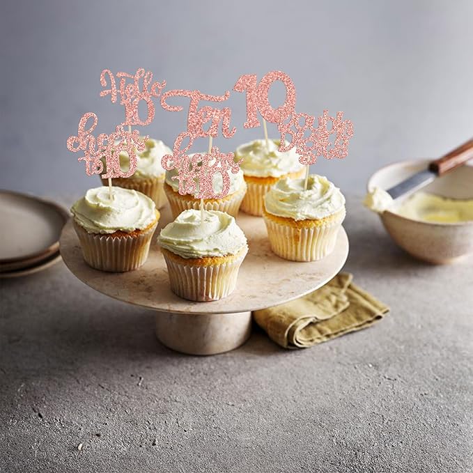 30Pcs 10th Birthday Cupcake Toppers Ten Double Hello 10 Cupcake Picks Cheers to 10 Years Old Cake Decorations for 10th Birthday Party Supplies Rose Gold Glitter