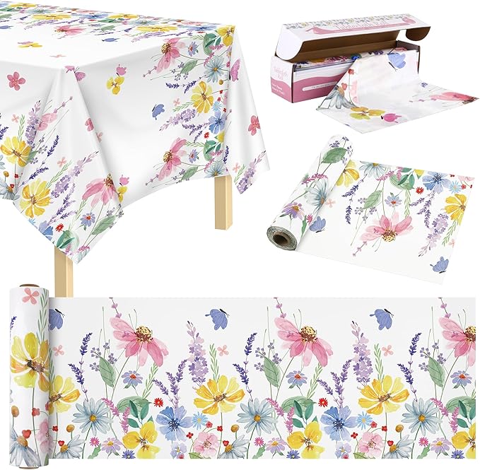 Kochorie Spring Flower Tablecloth Roll with Cutting Box 54 Inch x 100 Feet Butterfly Wildflower Plastic Disposable Tablecloth Picnic Themed Backdrop Tea Party Supplies for Holiday Weeding Birthday