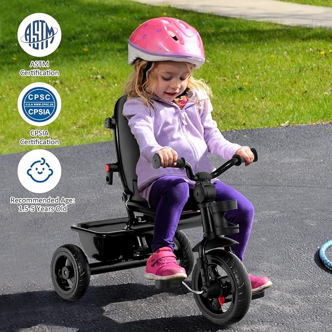 BABY JOY Tricycle, 5 in 1 Toddler Bike W/Removable Push Handle, Reversible Seat, EVA Wheel, Adjustable Canopy, Cup Holder & Storage, Ideal for Kids 1.5-5 Years Old, Tricycle for Toddler (Blue)