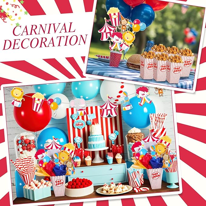 6 Sets Circus Carnival Party Centerpieces Decorations Circus Theme Table Toppers with Popcorn Box Circus Carnival Cutouts and Sticks for Carnival Party Birthday Decor Supplies