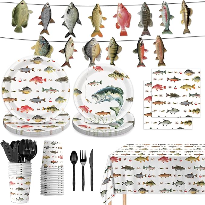 170PCS Fishing Birthday Party Decorations Gone Fishing Party Decorations Include Plates, Cups, Cutlery, Banner, Tablecloth for Ofishally One Birthday Decorations