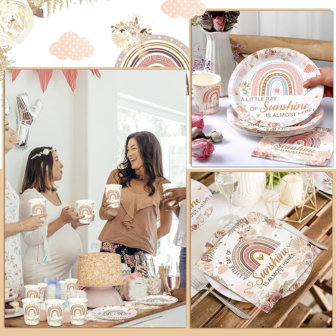 200 Pcs Rainbow Baby Shower Paper Plates Napkins Cups Baby Shower Party Supplies Tableware Set Boho Disposable Cup Napkin for 50 Guest Girls Spring Party Decoration