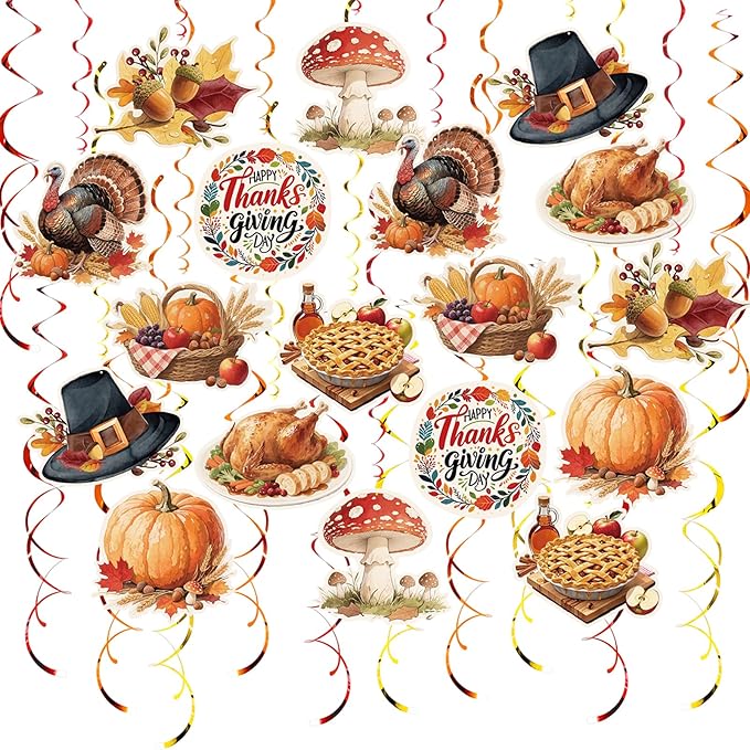 Thanksgiving Hanging Swirl Set Party Decorations, 48 Pcs, Autumn Theme Pumpkin Maple Leaf Turkey Party Supplies Sign,Orange Brown Red