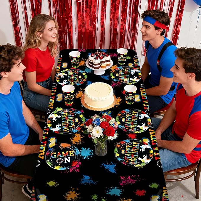 170Pcs Paintball Birthday Party Decorations Colorful Splash Shooting Game Themed Plates Napkins Cups Forks Knives Spoons Tablecloths for Kids Boy Birthday Baby Shower Holiday Party Supplies Serves 24